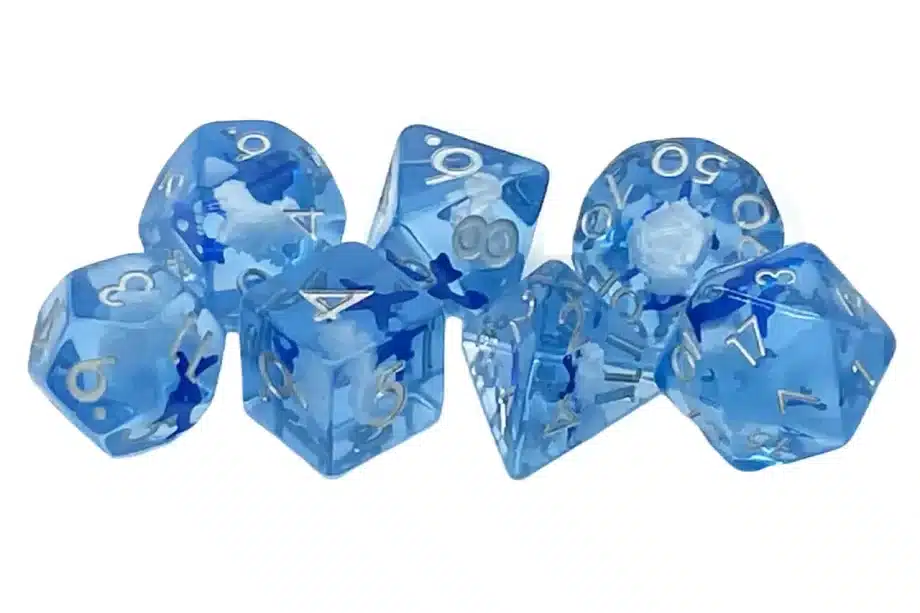 Old School 7 Piece Dice Set Infused Flying High Pose 2