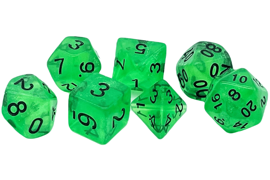 Old School 7 Piece Dice Set Galaxy Green Shimmer Pose 2