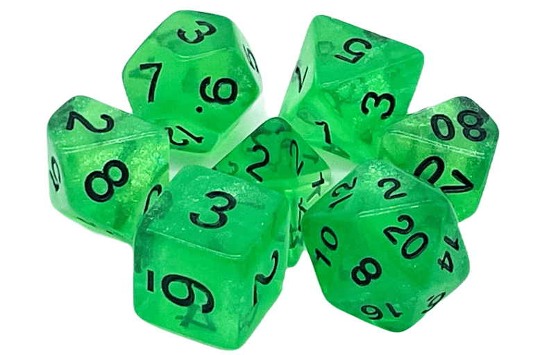 Old School 7 Piece Dice Set Galaxy Green Shimmer Pose 1