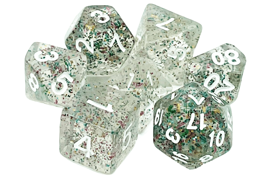 Old School 7 Piece Dice Set Particles Happy New Year Pose 1