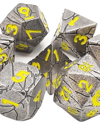 Old School 7 Piece Dice Set Metal Dice Orc Forged Ancient Silver w/ Yellow Pose 1
