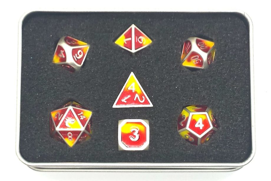 Old School 7 Piece Dice Set Metal Dice Dragon Forged Platinum Red & Yellow Pose 2
