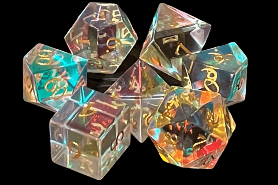Old School 7 Piece Dice Set Gemstone Glass Prismatic Dreams Pose 1