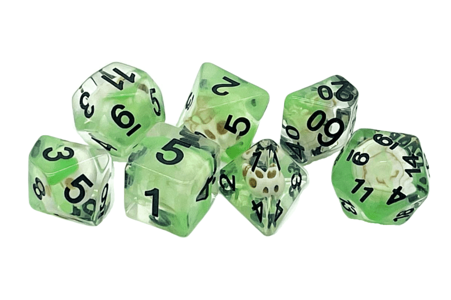 Old School 7 Piece Dice Set Infused Skull w/ Green Pose 2