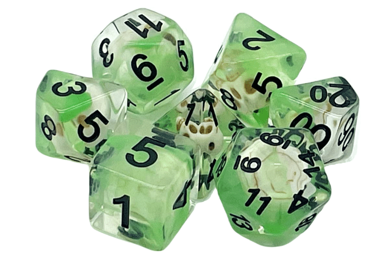 Old School 7 Piece Dice Set Infused Skull w/ Green Pose 1