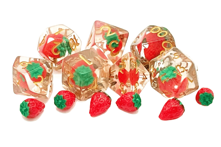 Old School 7 Piece Dice Set Infused Strawberry Fields Pose 2