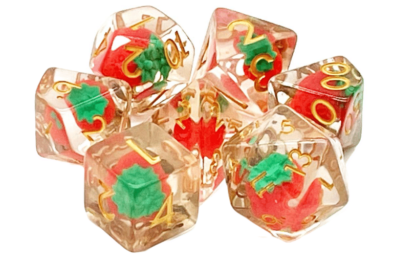 Old School 7 Piece Dice Set Infused Strawberry Fields Pose 1