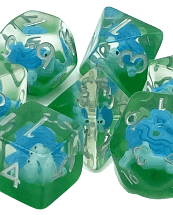 Old School 7 Piece Dice Set Animal Kingdom Turtle Blue w/ Green Pose 1