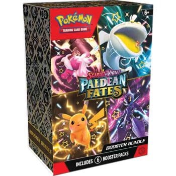 The spotlight glistens on Shiny Pokémon making their fated return to the Pokémon TCG! Shiny Pikachu blazes the path forward as Tinkaton, Ceruledge, Dondozo, and more than 100 other Shiny Pokémon follow. Meanwhile, Great Tusk and Iron Treads appear as Ancient and Future Pokémon ex, and Charizard, Forretress, and Espathra show off their own unique skills as Shiny Tera Pokémon ex. Shed some light and discover sparkling wonders in the Scarlet & Violet—Paldean Fates expansion! Expand your collection with this Booster Bundle containing six booster packs from Pokémon TCG: Scarlet & Violet—Paldean Fates!